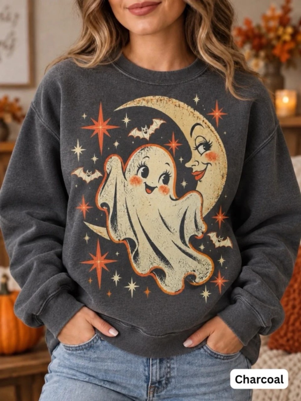 Charcoal Retro Halloween Ghost & Moon Graphic Sweatshirt